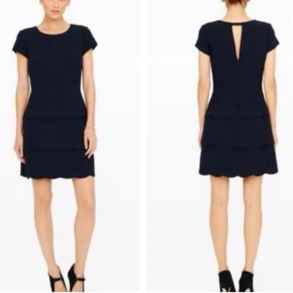RALPH LAUREN CLUB MONACO Women’s Navy Tiered Scalloped Mini Crew Neck Dress
